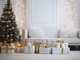 White and gold presents with Christmas tree in the living room