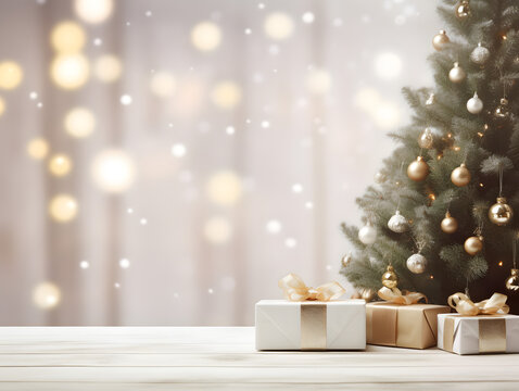 Empty white table with Christmas tree blurred background for product display