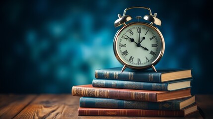 Naklejka premium clock with books and copy-space, back to school concept