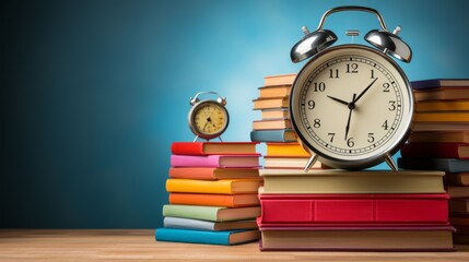 Naklejka premium clock with books and copy-space, back to school concept