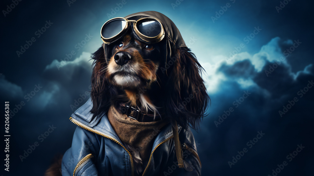 Wall mural Cool looking dog wearing funky fashion dress - jacket, tie, glasses. Stylish animal posing as Pilot Aviator with Vintage Sunglasses Generative AI	 - Wall murals