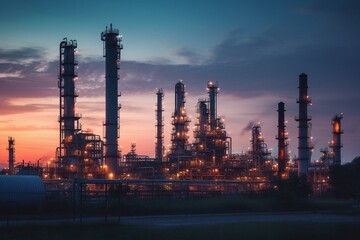 Fototapeta na wymiar Blue twilight scene of oil refinery and tower column at sunset. Generative AI