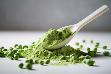 Pea protein powder in scoop with fresh peas on white background, isolated copy space. Generative AI