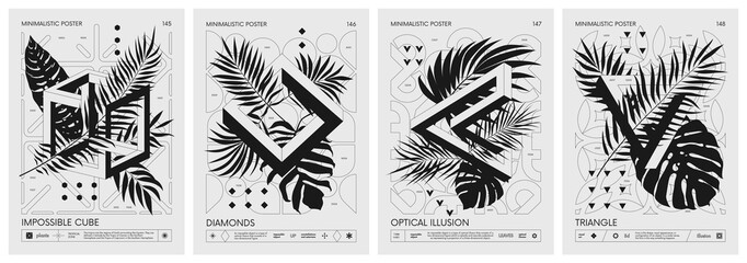 Fototapeta Futuristic retro vector minimalistic Posters with 3d impossible geometric shapes and exotic leaves, tropical plants, Artwork with silhouette abstract graphic elements basic figures, set 37 obraz