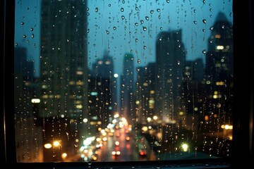 Raindrops on a Window: Capture raindrops trickling down a window with city lights in the background. Generative AI