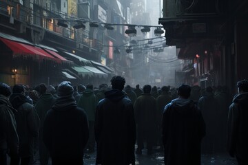 Cinematic urban crowd: A grand and captivating scene of a bustling crowd in the streets, invoking a cinematic experience with its scale, energy, and dynamic atmosphere. Generative AI
