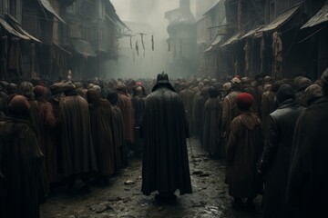 Naklejka premium Cinematic urban crowd: A grand and captivating scene of a bustling crowd in the streets, invoking a cinematic experience with its scale, energy, and dynamic atmosphere. Generative AI