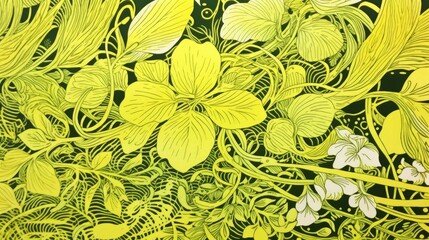 a horizontal graphic of a Floral woodcut/linocut in lime green and chartreuse, Decor-themed in a JPG format. Generative AI