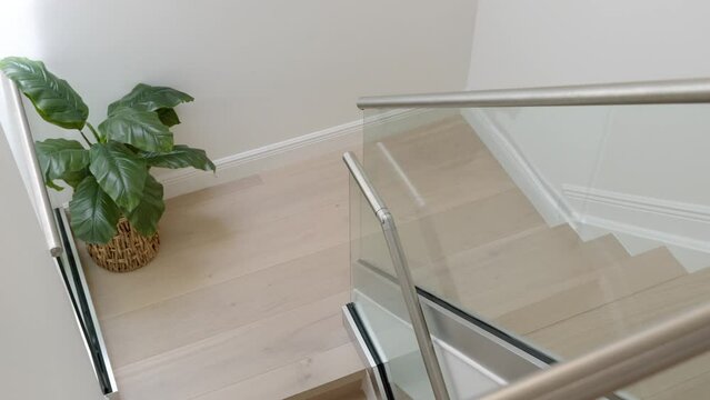 Top view of stunning wooden staircase and sleek glance fence decorated with green lush plant in pots. Interior details in classic modern house 