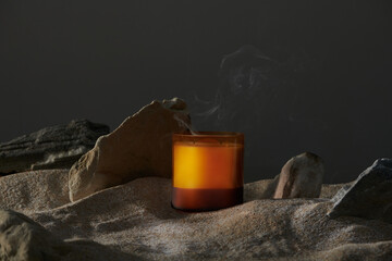 Aesthetic composition with aromatic candle in jar. 