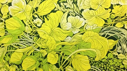 Fototapeta na wymiar a horizontal graphic of a Floral woodcut/linocut in lime green and chartreuse, Decor-themed in a JPG format. Generative AI