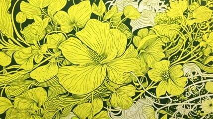 a horizontal graphic of a Floral woodcut/linocut in lime green and chartreuse, Decor-themed in a JPG format. Generative AI