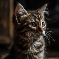 Cute black and grey kitten sitting, looking up Generative ai