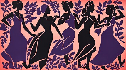 Obraz na płótnie Canvas a horizontal graphic of dancing women, with a Matisse influence, Decor-themed in a JPG format. Generative AI
