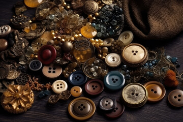 Large collection of old vintage sewing buttons, AI Generated