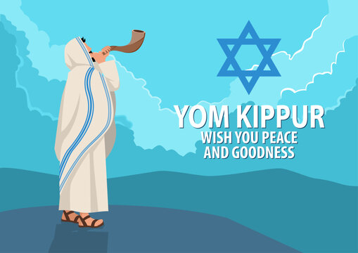Vector illustration Jewish man blowing the Shofar ram’s horn on Rosh Hashanah and Yom Kippur day.