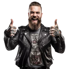 Foto op Plexiglas Excited biker rocker with beard and leather jacket expressive thumbs up isolated - Generative AI © mr_marcom