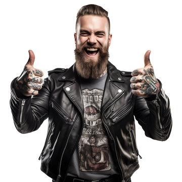 Excited biker rocker with beard and leather jacket expressive thumbs up isolated - Generative AI