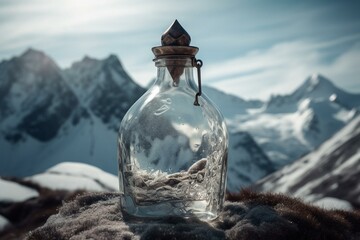 A frozen water mass in a flask amidst high peaks. Generative AI - obrazy, fototapety, plakaty