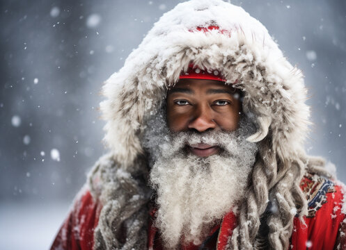 portrait of a black Santa Claus in a snow