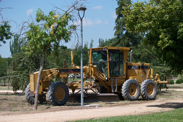 Obraz premium maszyna, drogowa, technologia, spychacz, długi, kabina, park, trawa, drzewa, lato,