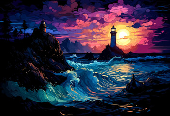 Colorful lighthouse in ocean, Colorized seascape at night, In the style of graphic novel inspired illustrations, intricate landscapes, In the style of van Gogh. 