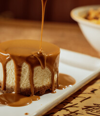 cheesecake with caramel dripping from top