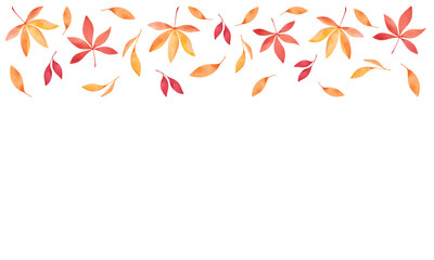 Template for postcard, invitation, holiday from autumn leaves with place for text. Drawn by hand. A set of watercolor, multi-colored, in shades of autumn, leaves isolated on a white background.