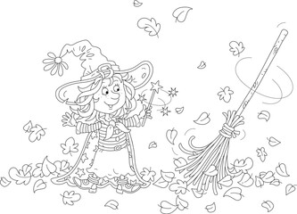 Fototapeta na wymiar Happy little Halloween witch showing tricks with her magical broom sweeping fallen autumn leaves, black and white outline vector cartoon illustration for a coloring book