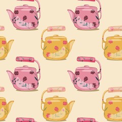 Seamless pattern with teapots and kettles . Kitchen ceramic and glass tea kettle in the style of the 60s on a light background, cute crockery for warm cozy household. Hot drinks utensil.