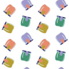 Seamless pattern with colorful jars of pesto on a light background in doodle style. Cute cartoon drawing style. Pattern for textiles, wrapping paper, decor.