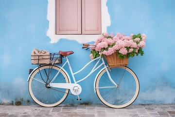 Fototapeta na wymiar Bicycle with Flowers in Basket in Front of Blue Wall - Created with Generative AI Tools