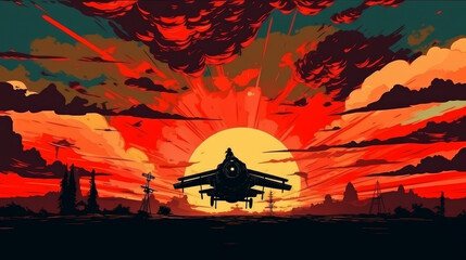 airplane at war at sunset.