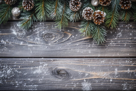  Colorful Snow and Christmas Decorations on Wooden Background - Created with Generative AI Tools