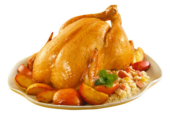 frango de festa assado com maçãs cozidas e farofa isolado em fundo transparente - ave natalina assada