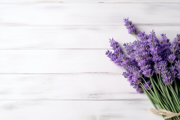 Lavender over White Wooden Table Background - Backdrop with Copy Space - Created with Generative AI Tools