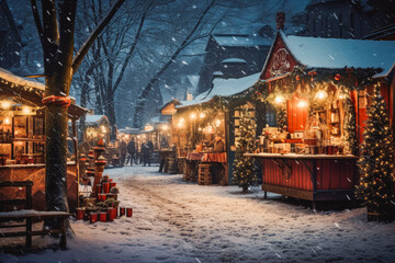 People enjoying Christmas market with holiday spirits, snowy weather, winter wonderland. Generative AI - obrazy, fototapety, plakaty