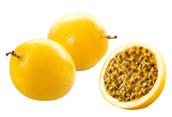 composição com maracujás inteiros e maracujá cortado isolado em fundo transparente