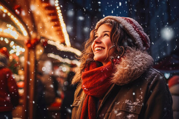 Young woman enjoying Christmas market with holiday spirit, snowy weather, winter wonderland. Generative AI - obrazy, fototapety, plakaty