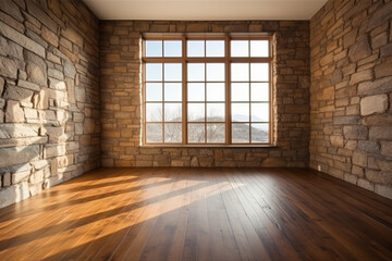 Interior Room with Stone Wall and Wooden Floor - Created with Generative AI Tools