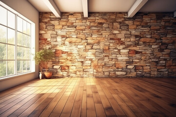Interior Room with Stone Wall and Wooden Floor - Created with Generative AI Tools