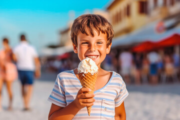 Smiley child eating ice cream while having fun on summer vacation, enjoying summer. Generative AI