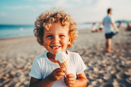 Smiley child eating ice cream while having fun on summer vacation, enjoying summer. Generative AI