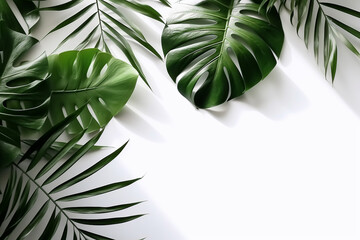 tropical Leaves Natural Shadow Overlay on White Texture Background for Product Presentation - Created with Generative AI Tools