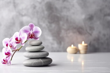 Obraz na płótnie Canvas Spa Stones, Bamboo Sprout, Burning Candle, and Beautiful Orchid Flower on White Marble Table - Created with Generative AI Tools