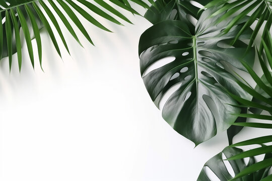 tropical Leaves Natural Shadow Overlay on White Texture Background for Product Presentation - Created with Generative AI Tools