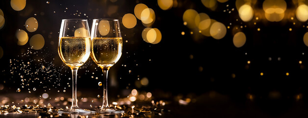 Champagne for festive cheers with gold sparkling bokeh background. Glasses of sparkling wine in front of tender bright gold bokeh. Horizontal background for celebrations and invitation cards  space