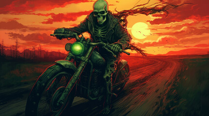 skeleton biker rides a motorcycle into the sunset.