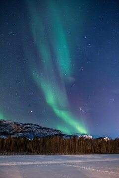 Aurora Borealis (Northern Lights) over the Alta River, near Alta, Arctic Cirle, Norway, Scandinavia