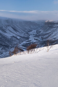 Alta Canyon and the Alta River from the Finnmark Plateau in winter, Finnmark Plateau, near Alta, Arctic Cirle, Norway, Scandinavia
